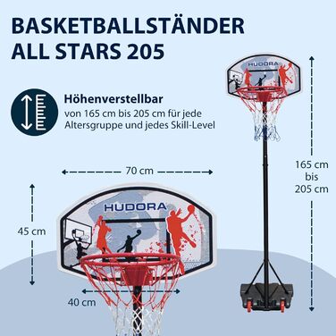 HUDORA All Stars 205 - Регульований баскетбольний кошик зі стійкою для дітей та підлітків. Мобільний кошик для вулиці з роликами та підставою, 205 см
