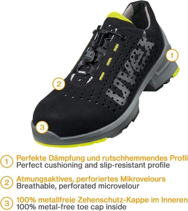 Робочі черевики Uvex 1: безпечні, легкі та дихаючі - S1, чорно-лаймові, 40 EU
