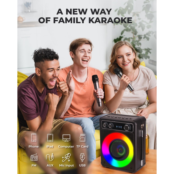 BONAOK Караоке Мікрофон для Дорослих, Портативна Караоке Машина з Bluetooth, 2 Мікрофони, 15 Вт, Підсвітка, Чорний T03