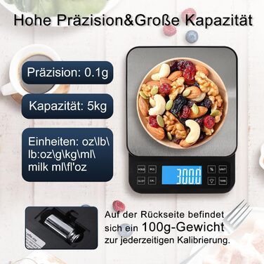 Кухонні ваги BOMATA 0.1г/5кг з USB-зарядкою, високоточною вимірювальною платформою з нержавіючої сталі та функцією відсотків