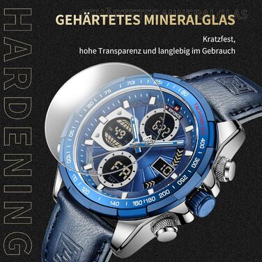 Навіфорс чоловічий військовий годинник з цифровим та аналоговим дисплеєм, кварцовий, водонепроникний, спортивний, багатофункціональний, з ремінком з натуральної шкіри (сріблястий+блакитний)