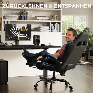 Геймерське крісло Nexthra Ergonomisch з підставкою для ніг, до 180 кг, блакитне. Офісне крісло для геймінгу та роботи, з регульованою спинкою 150°