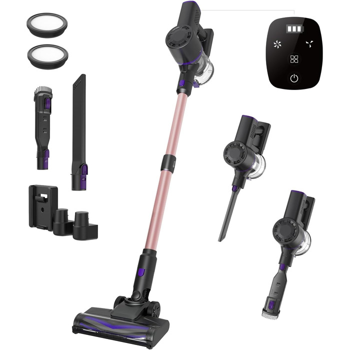 Бездротовий пилосос Vexilar Akku: 60 хв роботи, 45 kPa, 550 W, безщітковий мотор, LED дисплей, 6-в-1, тихий, для дому/авто, підходить для твердих поверхонь, килимів, видалення шерсті тварин, зелений (рожевий)