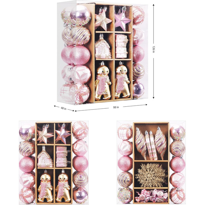 Набір прикрас на ялинку Shareconn 65 шт. - пластикові ялинкові кулі, міцні, з мотузкою, різні розміри та кольори (червоний, білий, рожевий, золотий)