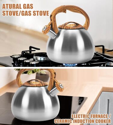 Чайник-свисток Foedo з нержавіючої сталі з дерев'яною обробкою, 3.2 л, для чаю, води, кави та молока, класичний дизайн, червоний (срібний)