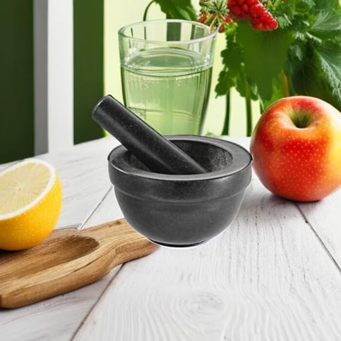 RÖSLE Granite Mortar, High-quality stone mortar with pestle for herbs, spices, curry pastes, or pesto, non-slip base, black granite stone, 13.5 x 13.5 x 8.1 cm, Grey