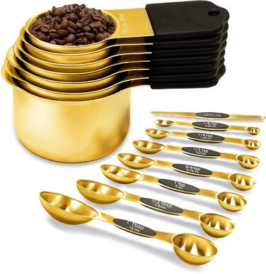 Magnetic Measuring Cup and Spoon Set, including 7 gold-colored stainless steel measuring cups and 8 magnetic gold measuring spoons with 1 leveler for cooking and baking