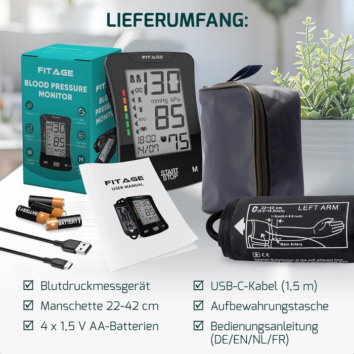 Цифровий тонометр на плече Oberarm з функцією пам'яті, виявлення аритмії та вимірювання пульсу. Підходить для об'ємів плеча 22-42 см. Чорний колір