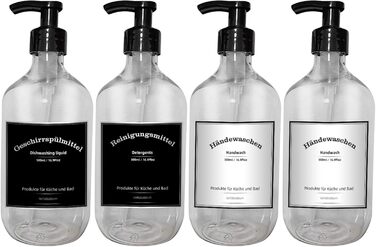 Набір дозаторів для мила з пластику, 4 шт, 500 мл з етикетками, набір помпових флаконів для ванної кімнати, флакон для шампуню (500 мл, прозорий)