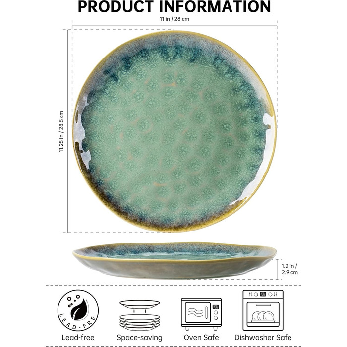Henten Home 4-Piece Stoneware Plate Set, Green Dessert Plates, Breakfast Plates, Flat Cake Plates, Salad Plates Set for 4 People, Dinner Plate Set
