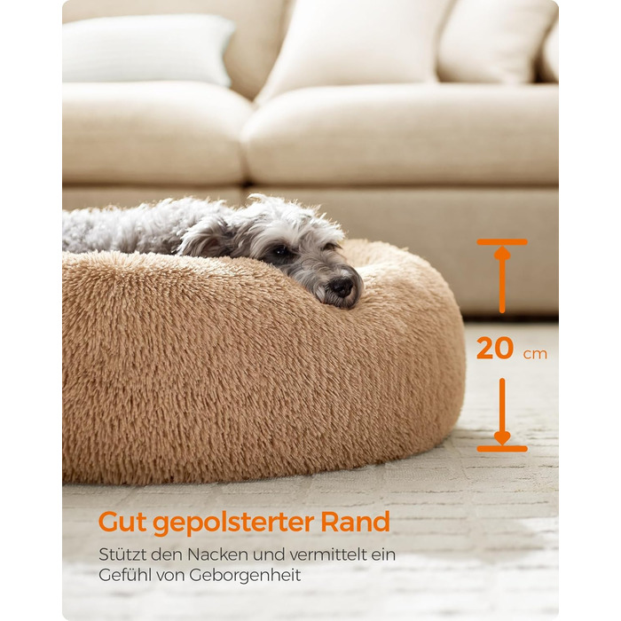 Крісло-лежанка для собак та котів Feandrea, м'яке, у вигляді подушки-донуту, 60 см, Ombré-Grey, знімний наповнювач, довгий плюш, 70x70x20 см, верблюжий колір