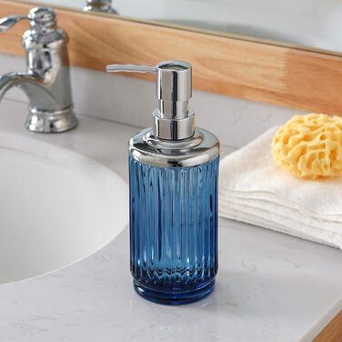 4-Piece Glass Bathroom Accessories Set with Decorative Embossed Pattern, including Hand Soap Dispenser, Cup, Soap Dish, and Toothbrush Holder, Blue-Green (Blue)