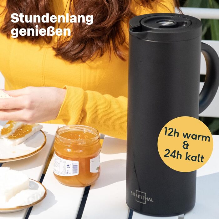 SILBERTHAL Thermos Flask 1L Stainless Steel - Double-Walled Insulated Flask Keeps Drinks Warm for 12h & Cold for 24h - With Twist-Lock Closure & Glass Insert - Modern Coffee Pot in Matte Black