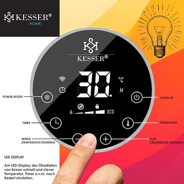 Електричний масляний радіатор KESSER 2500W з WiFi, дисплеєм, термостатом, таймером, сенсорним управлінням і захистом від перегріву, чорний