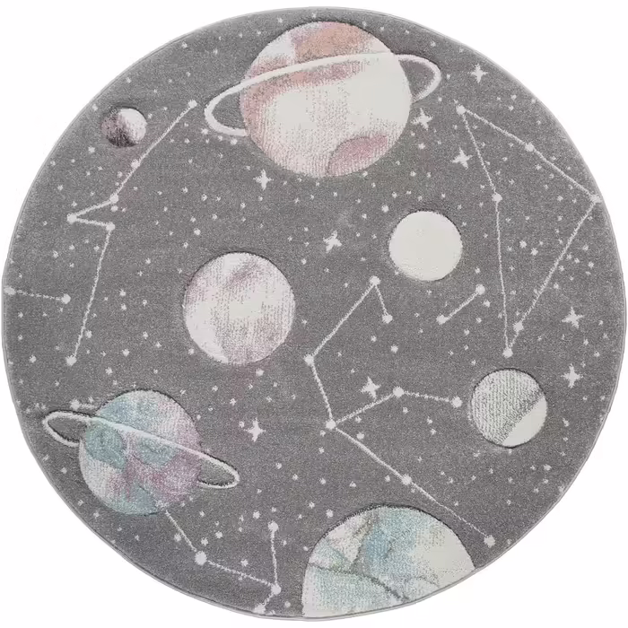 Paco Home Kids Rug, Play Rug for Children's Room with Planets and Stars, in Grey, Size: Ø 120 cm Round