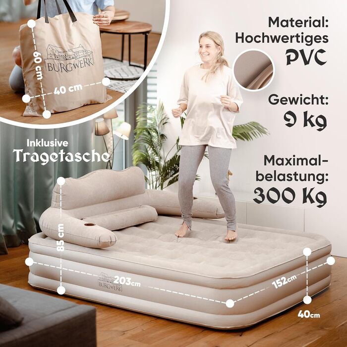 Надувне ліжко для 2 осіб [3-в-1 система] | Елегантне гостьове та кемпінгове ліжко | Надувна матрац з електропомпою 150x200 | Самостійно надувна повітряна матрац для 2 осіб, бежевий