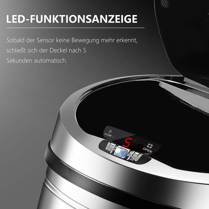 Сміттєве відро Ribelli Edelstahl з сенсором, 60 літрів, нержавіюча сталь, автоматичне відкриття/закриття, LED-індикатор, хромоване