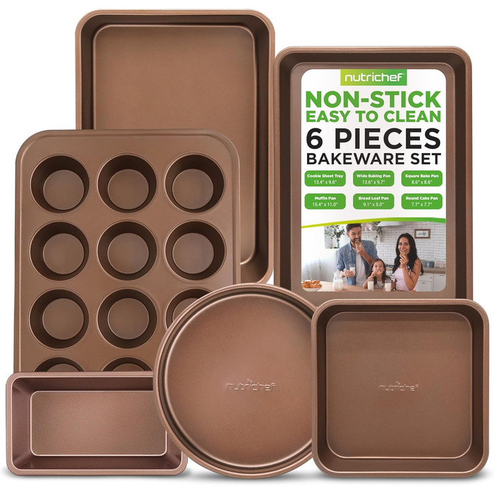 Набір форм для випічки NutriChef 6 шт. – антипригарні листи, форми для запікання та випікання. Підходить для хліба, мафінів та лазаньї. Миється в посудомийній машині, термостійкий до 230°C, компактне зберігання.