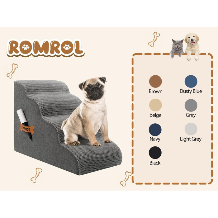 Сходинки для собак та котів ROMROL – 4 сходинки, сірий колір, з м'яким Memory Foam, для захисту суглобів, знімний та миючий чохол