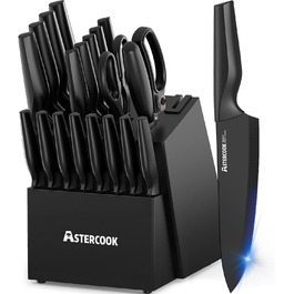 Astercook 21-Piece Kitchen Knife Set with Block - German Stainless Steel, Built-in Sharpener, Dishwasher Safe