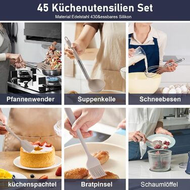 Набір кухонних помічників 45 предметів: силіконове кухонне приладдя, тримач, міксер, половник, лопатка, для миття в посудомийній машині (Хакі)