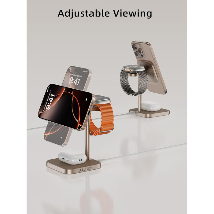Станція зарядки LULULOOK Qi2 MagSafe 3 в 1 з алюмінію для Apple Watch та iPhone з підтримкою швидкої зарядки 15W (для iPhone 17 Pro Max/17 Pro/17 Air/17) та 5W (для Apple Watch Ultra, AirPods), титан