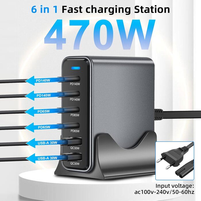 Зарядний пристрій Arceli USB-C 10 портів GaN III 470W PD QC4.0 для iPhone 16/15/14 Pro Max, Samsung Galaxy, MacBook, планшетів, ноутбуків