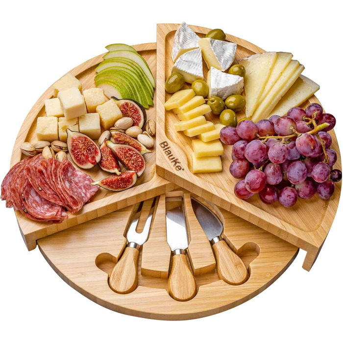 Bamboo Cheese Board with Cheese Knife Set – 37cm Round Wooden Serving Platter for Cheese and Appetizers – Rotating Cheese Board – Cheese Board Charcuterie Board – Gift Idea