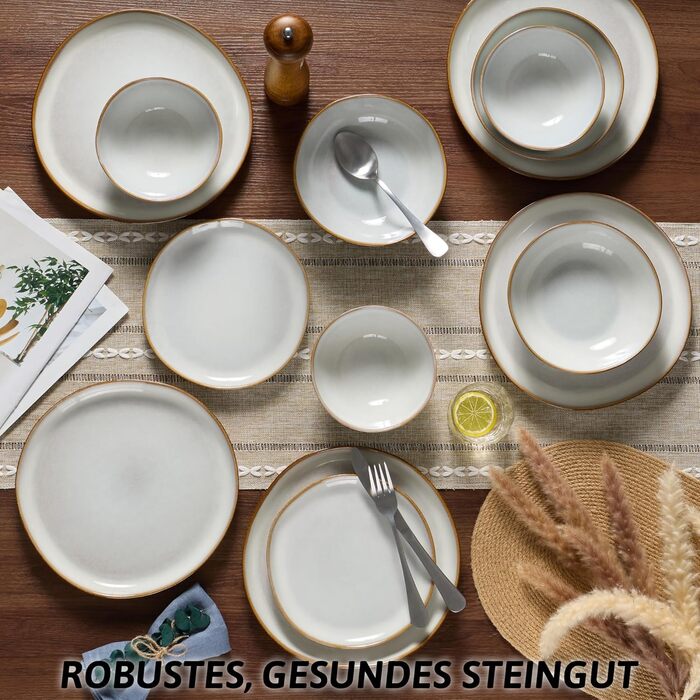 Сервіз Joyfair на 6 осіб, 24 предмети, кераміка, тарілки для їжі, десертні тарілки, миски для каші, сумісний з мікрохвильовою піччю та посудомийною машиною, колір: реактивне мушлеве біле