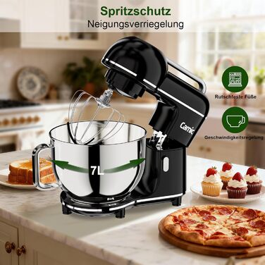 Кухонний комбайн-міксер Camic 2000W, чаша зі сталі 7л, 10 швидкостей, з набором насадок (гак, вінчик) та захистом від бризок, чорний