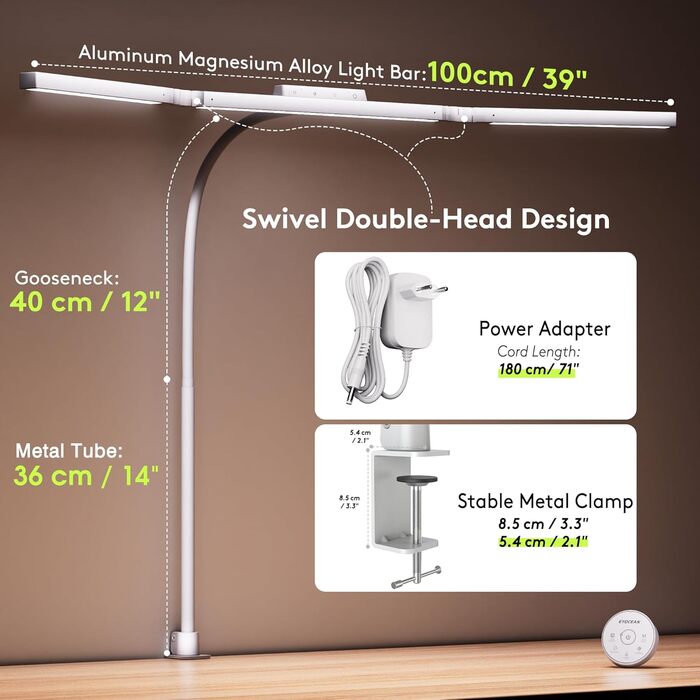 Стіл лампа з 3 джерелами світла, 24W, 100см, денне світло, з пультом керування, регульована яскравість, лампа для офісу та дому (Mattweiß)