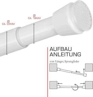 Телескопічна штанга для душу без свердління, 140-260 см, регульована – штанга для карнизів, що кріпиться без свердління, протиковзна, для душу, біла