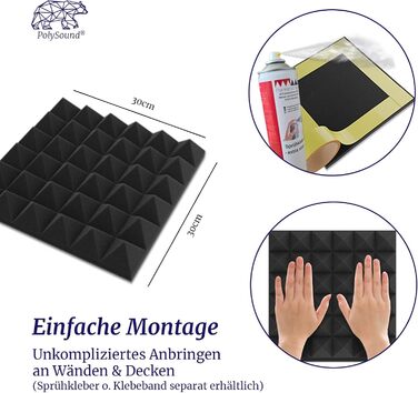 Акустичні пірамідні панелі PolySound для студії, подкастів та домашнього кінотеатру, шумопоглинаючий пінополіуретан, 48 шт, 30x30x6 см, чорний