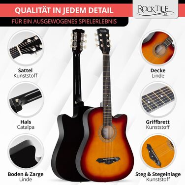 Rocktile WSD-5C-SB: Акустична гітара Westerngitarre Slim Line Dreadnought - Комплект з чохлом, струнами, ременем та медіатором - Sunburst