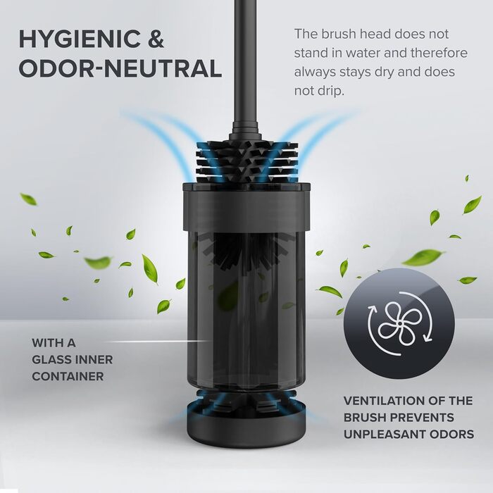 Настінна щітка для унітазу Oviar Finnkona | Чорна | Зі змінним насадком | З вентиляцією | З нержавіючої сталі з порошковим покриттям