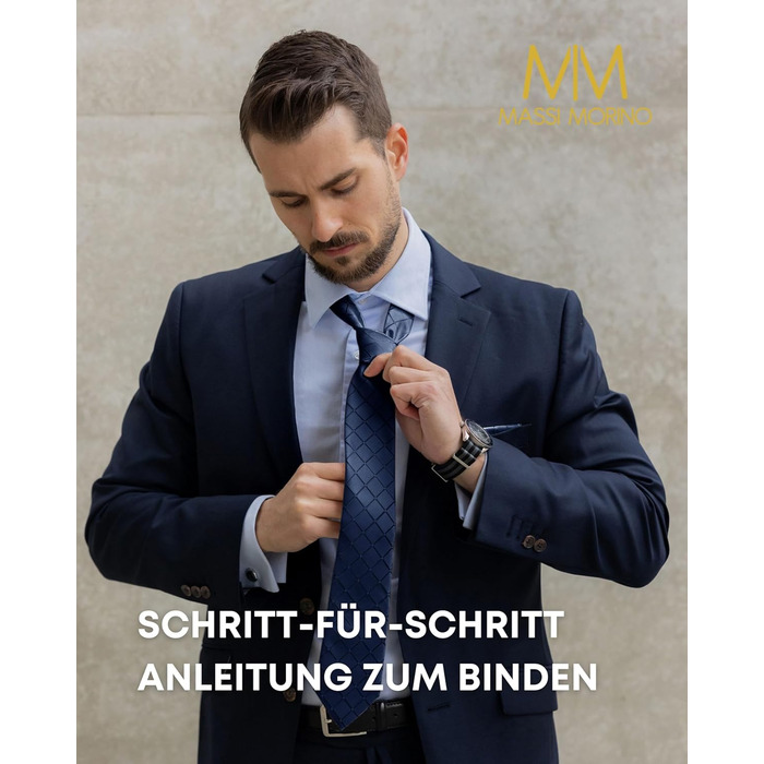 Набір краваток Massi Morino для чоловіків (з нагрудною хустиною, краваткозажимом та подарунковою коробкою) - темно блакитний, квадратний, для весілля