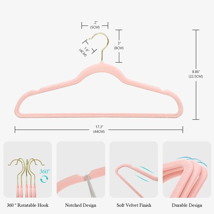 Набір з 22 велюрових плечиків для одягу Stormix, преміум-якість, для дорослих, антиковзаючі, ультратонкі, для сорочок та костюмів, рожеві гачки
