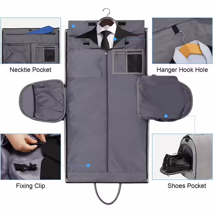 Garment Bag Suit Cover for Men Women, Suit Travel Bag, Clothes Bags Shoe Bag - 2 in 1 Hanging Suitcase Suit Travel Bags, High-Quality Garment Hanger for Suit and Dress (Light Gray)