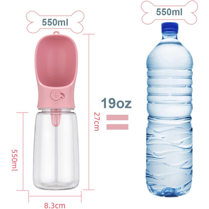 Турботнапування для собак: портативна пляшка з водою 550 мл + 100 мл, BPA-free, витокозахисна, для подорожей, біла