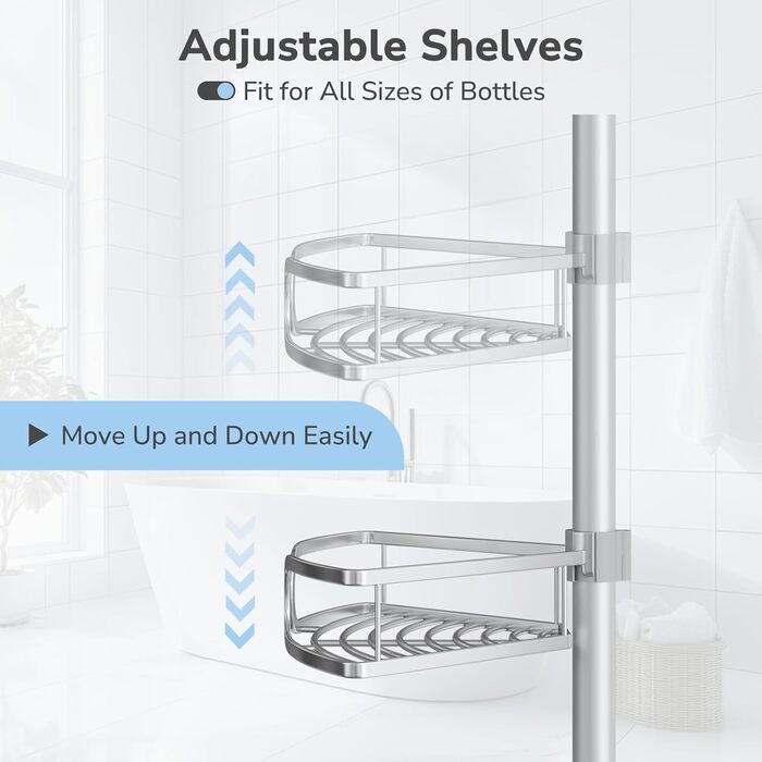 USHOWER Кутова шторка для душу з регульованою штангою, 4-ярусна, з органайзером для шампуню та мила, нержавіюча сталь, 130-307 см, срібляста