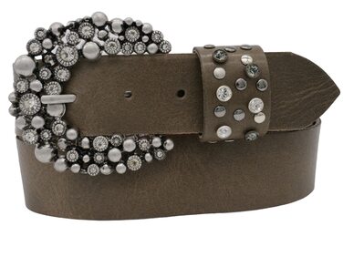 Жіночий шкіряний ремінь AnnaMatoni з розкішною стразовою пряжкою 4 см, Німеччина, сірий (100 см)