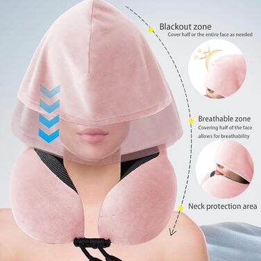 Подушка для шиї Memory Foam | Подушка для подорожей в літаку з 95% захистом від світла, регульованою підтримкою шиї, для подорожей, офісу та сну на боці (чистий порошок)