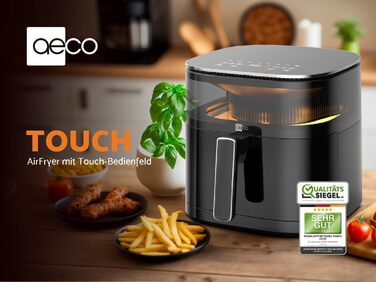 AECO TOUCH аерофритюрниця 5,7 л з підсвіченим 270° оглядовим вікном, цифровим сенсорним дисплеєм, 1700 Вт, 8 програм, регулювання температури 80–200°C, з рецептурником