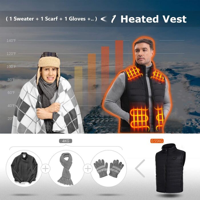 Обогріваючий жилет для чоловіків та жінок з акумулятором, 13 зон обігріву, 3 режими температури, чорний, L