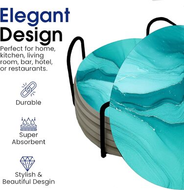 Aqua Blue Teal Marble Coasters Set of 6 - Absorbent Ceramic Coasters with Metal Stand for Drinks, Coffee, Non-Slip Cork Back for Table Protection, 10.2 cm Marble Pattern (Blue-Green)