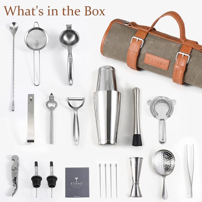 Набір бармена 22 предмети: барний аксесуар з нержавіючої сталі та воскована сумка, Boston Shaker, Jigger, сіто, прес для лимонів