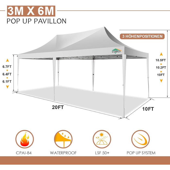 COBIZI Pavilion 3x3 Waterproof Stable Winter-Proof Party Tent 3x3 with 4 Side Walls Pop Up Folding Pavilion UV Protection 50+ Garden Pavilion With Handbag, 8X Pegs and 4X Wind Rope, (White, 3x6 m)