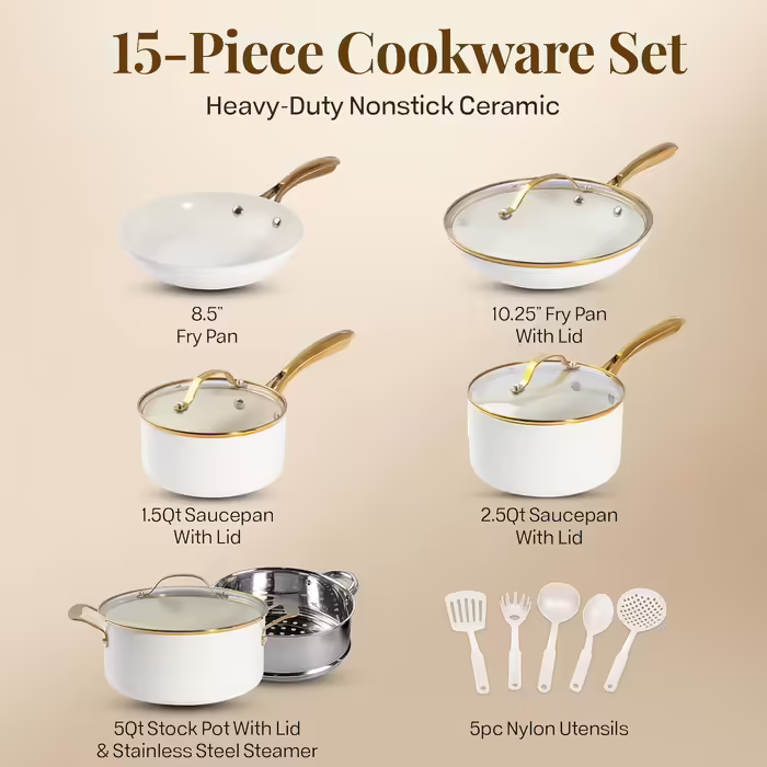 GOTHAM STEEL 15-Piece Cookware Set, Non-Stick Cookware Set, Pot and Pan Set, Kitchen Cookware Sets, Ceramic Cookware Set, Dishwasher Safe, Non-Toxic, Cream White 15 Pieces