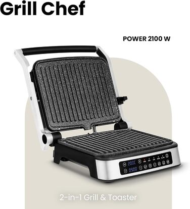 Grill Chef Electric Contact Grill and Sandwich Toaster 2100W, Removable Heating Plates, 2in1, 180° Foldable, Non-Stick Coating, Drip Tray, Acoustic Notifications (SILVER)
