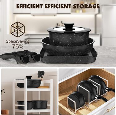 Набір посуду YASHE 21 предмет: каструлі та сковорідки з антипригарним покриттям, знімні ручки, скляні кришки, індукційний, для духовки, стекуваний, білий (сірий)